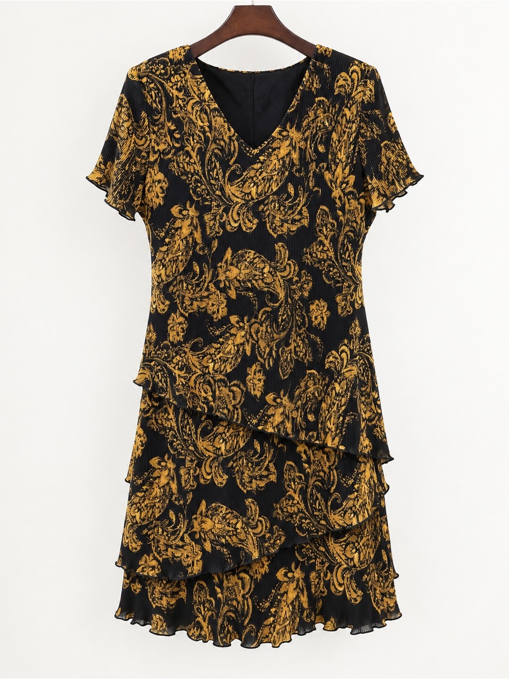 Black and Gold Paislry Tiered V-Neck Dress